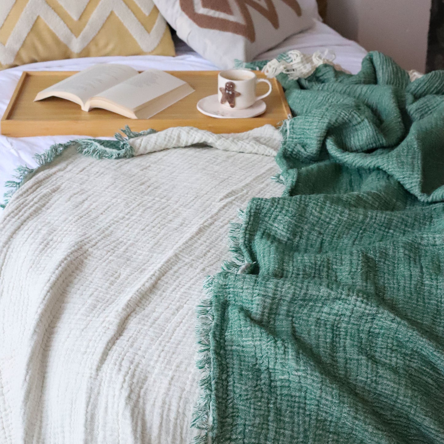 Bulk Muslin Bedspread Double-Sided Green, 100% Turkish Cotton Throws and Blankets-13