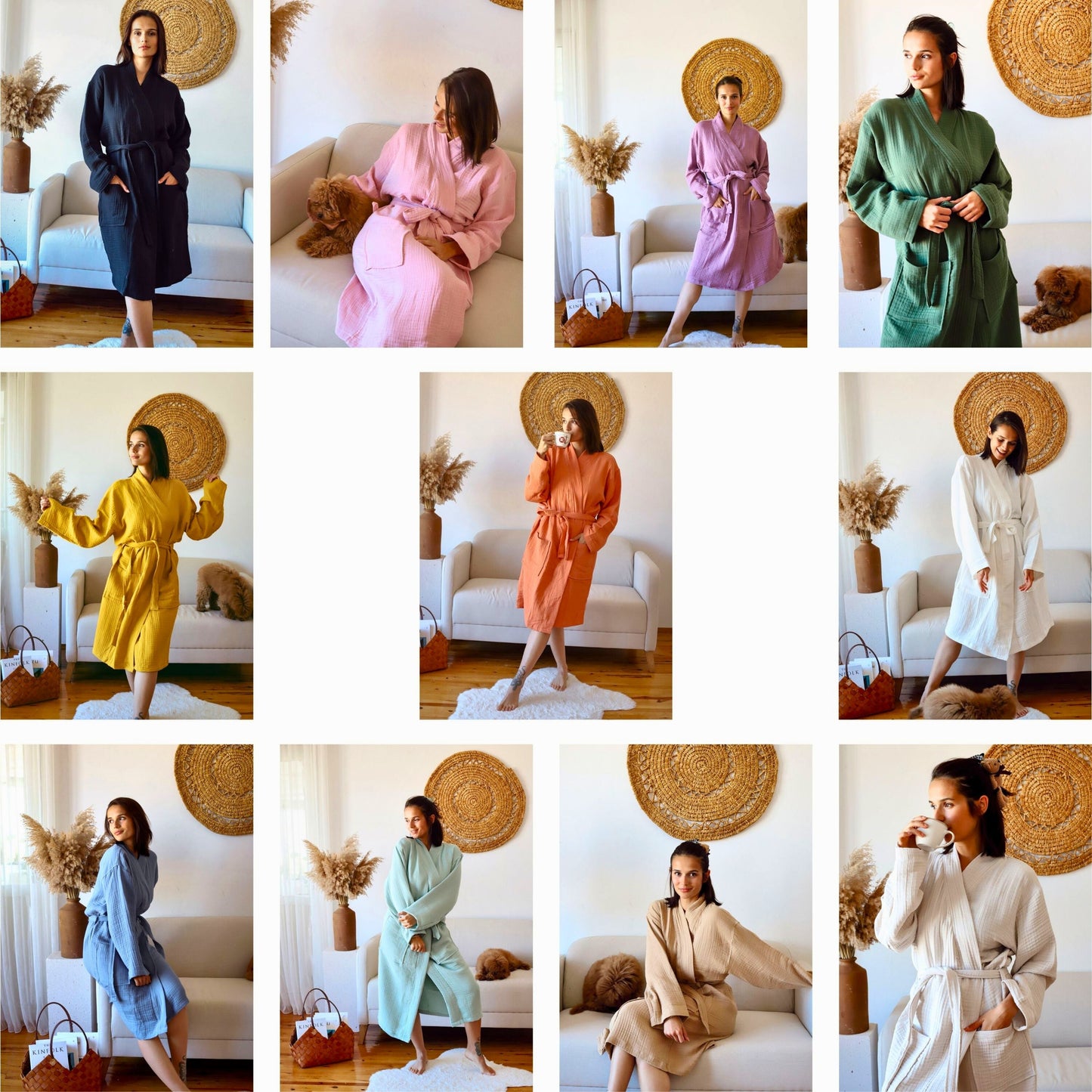 Muslin Robe 4-Layer Kimono Mustard Yellow, 100% Turkish Cotton, Knee-Length, Relaxed-Style-10