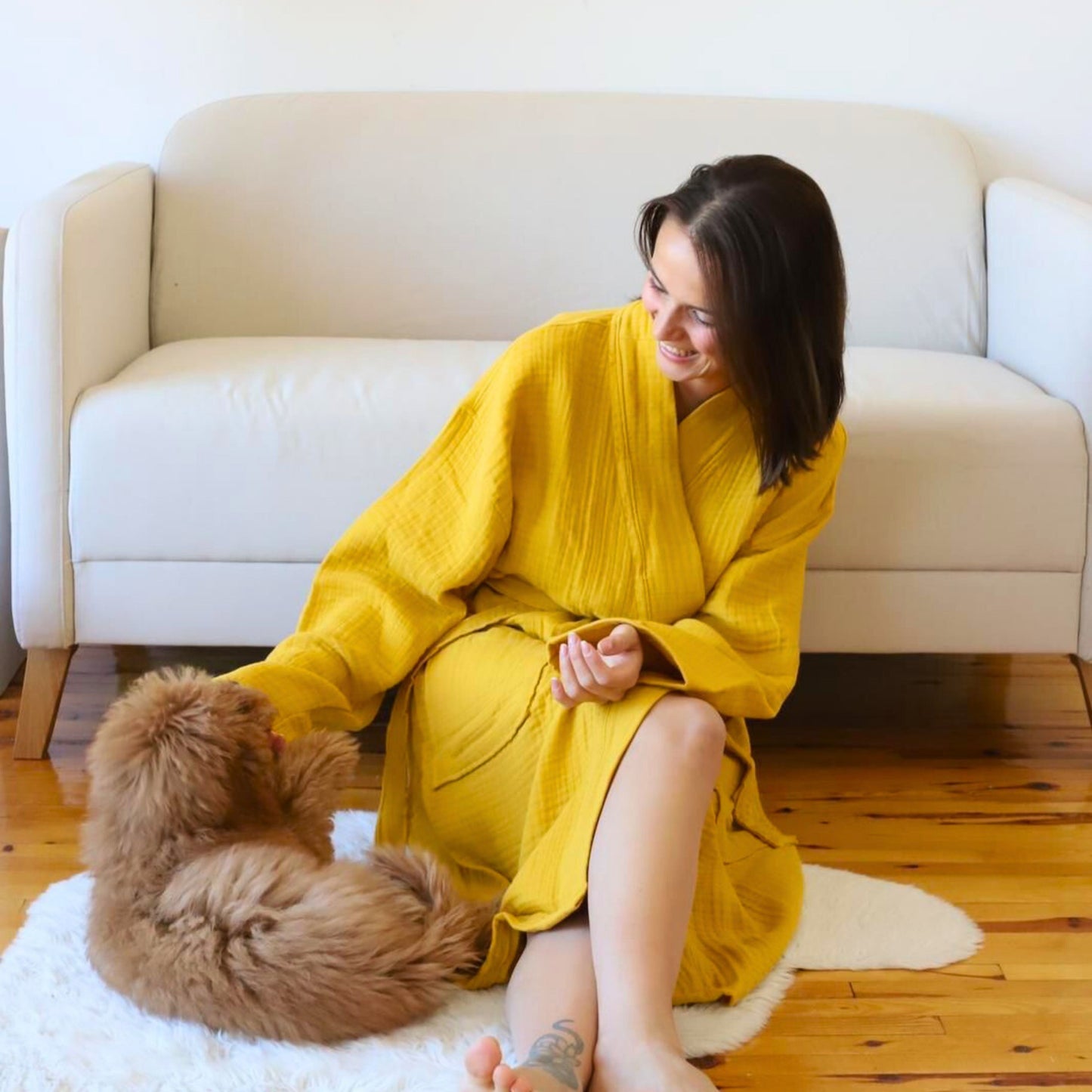 Muslin Robe 4-Layer Kimono Mustard Yellow, 100% Turkish Cotton, Knee-Length, Relaxed-Style-4