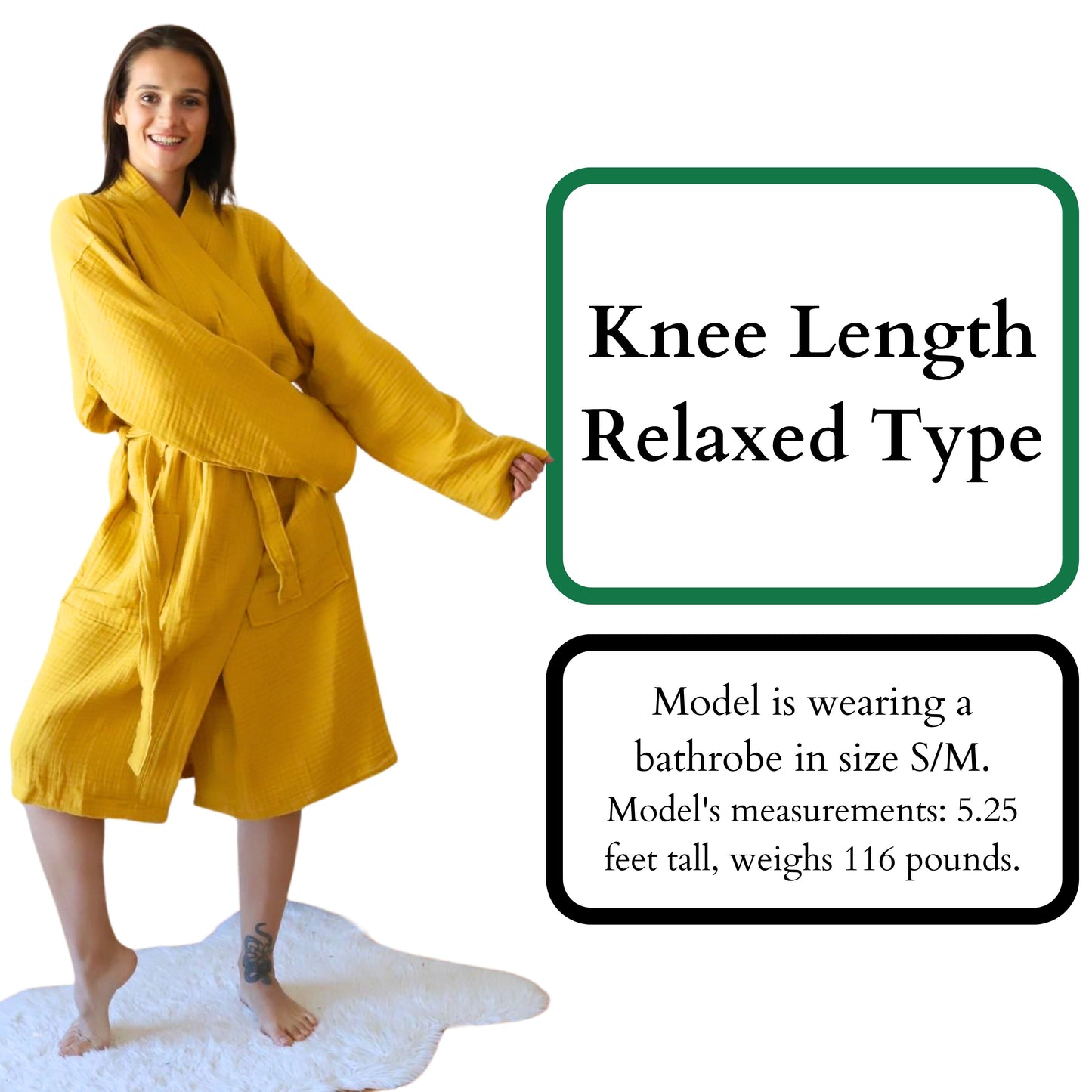 Muslin Robe 4-Layer Kimono Mustard Yellow, 100% Turkish Cotton, Knee-Length, Relaxed-Style-3