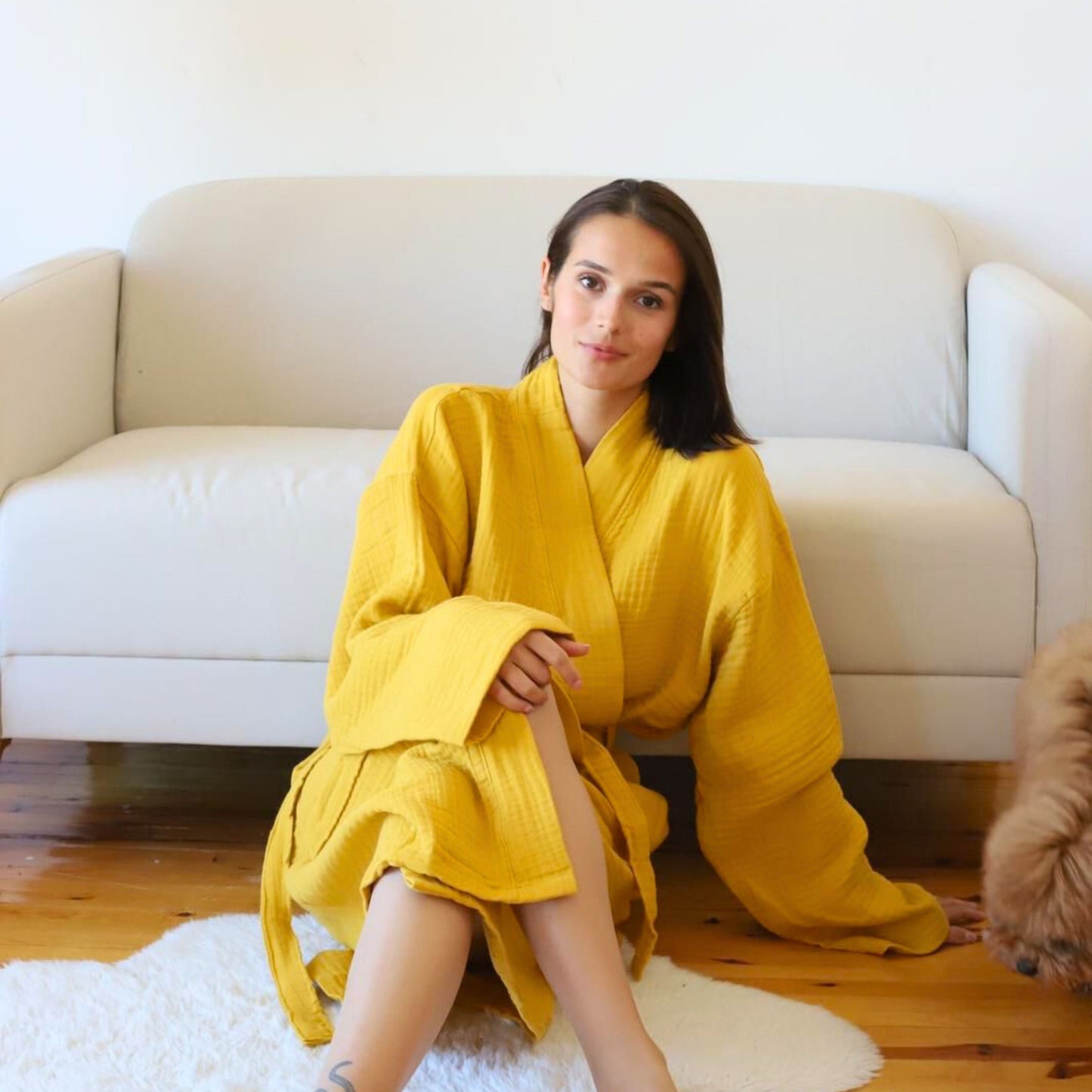 Muslin Robe 4-Layer Kimono Mustard Yellow, 100% Turkish Cotton, Knee-Length, Relaxed-Style-2