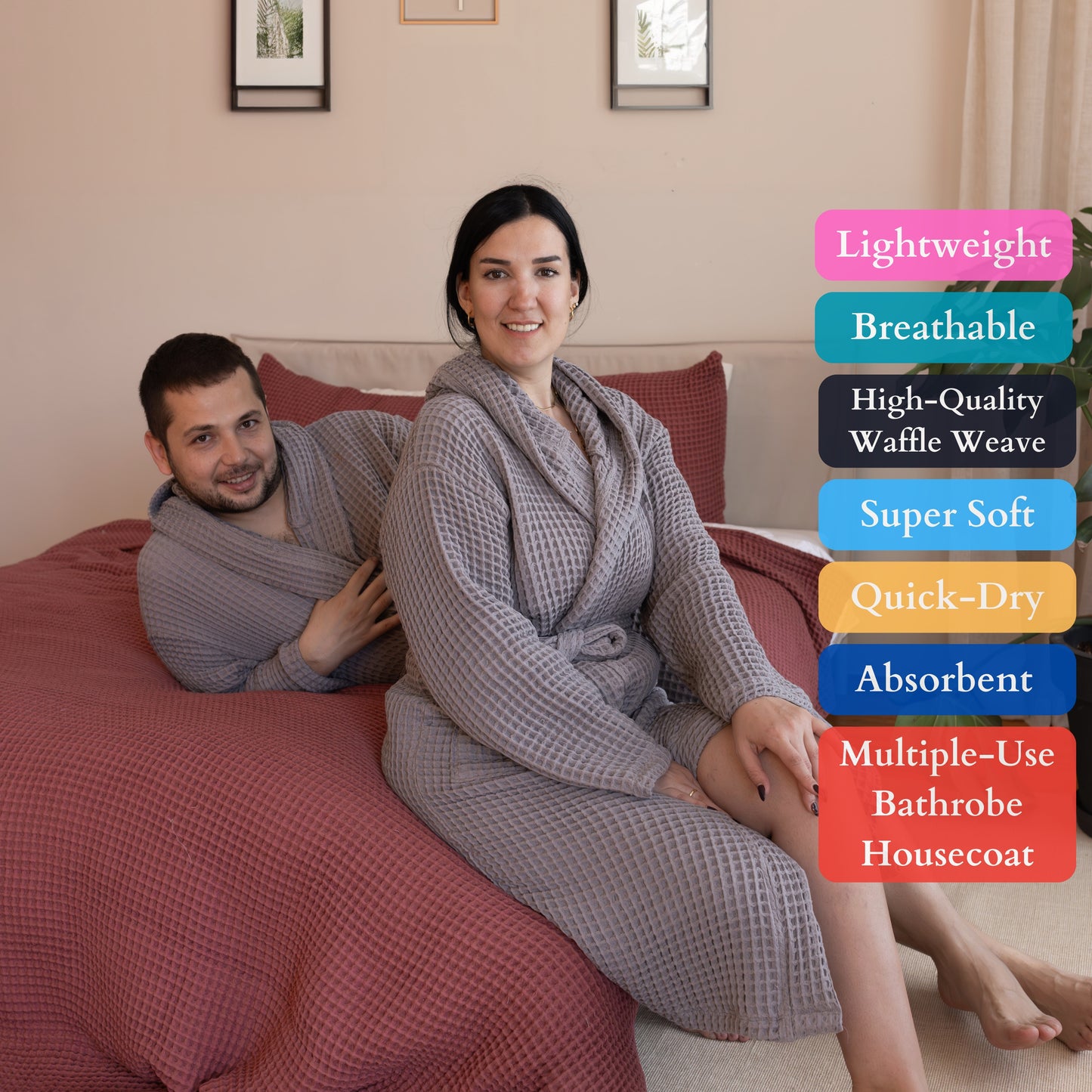 Waffle Robe with Hooded Unisex Grey Bulk