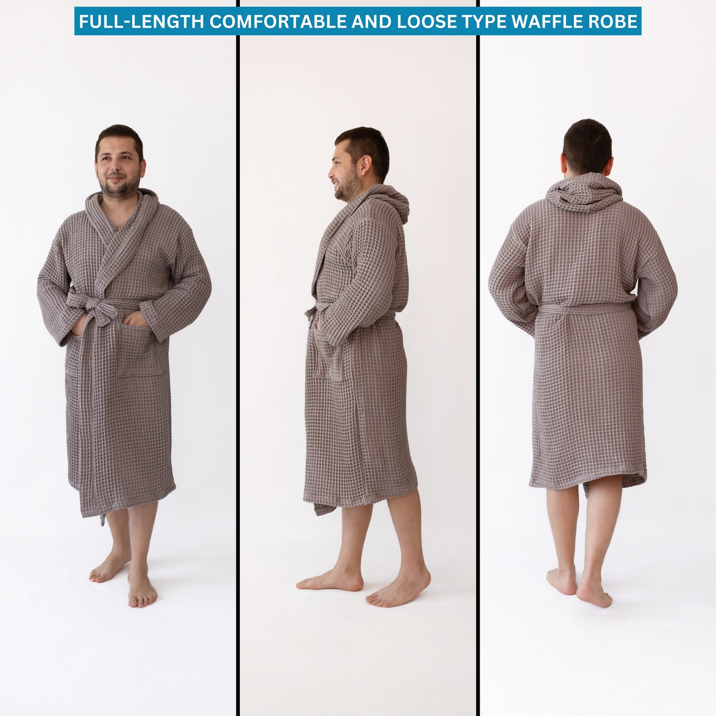 Waffle Robe with Hooded Unisex Grey Bulk