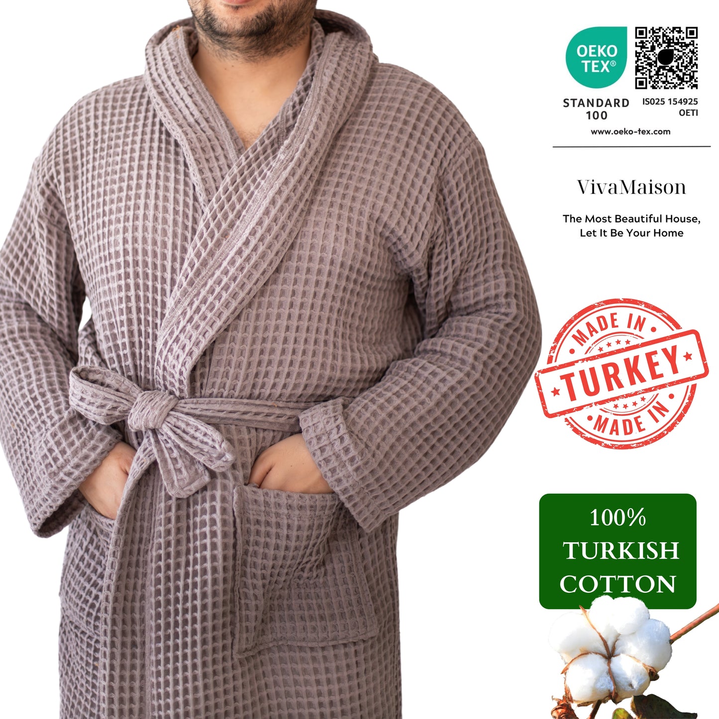 Waffle Robe with Hooded Unisex Grey Bulk