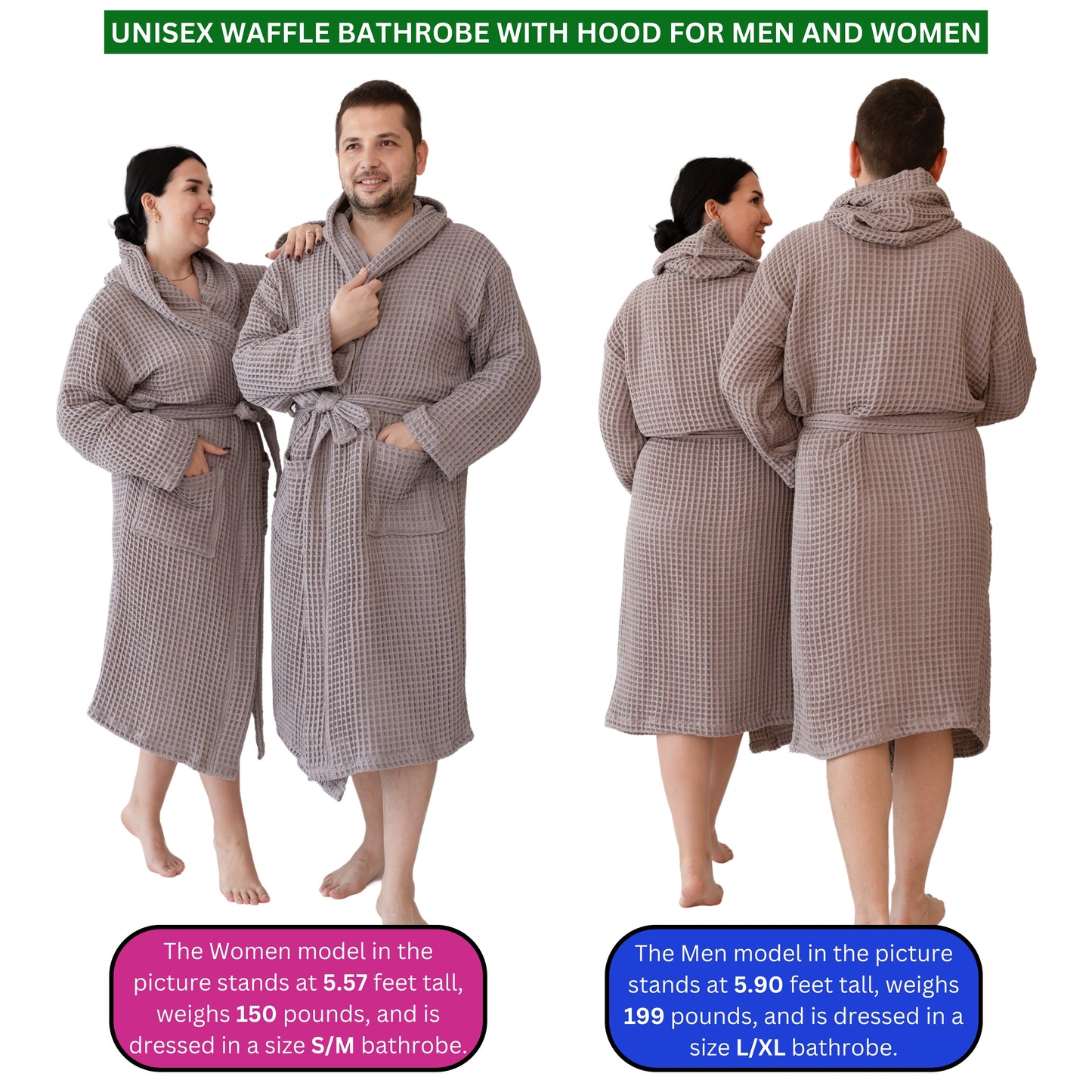 Waffle Robe with Hooded Unisex Grey Bulk