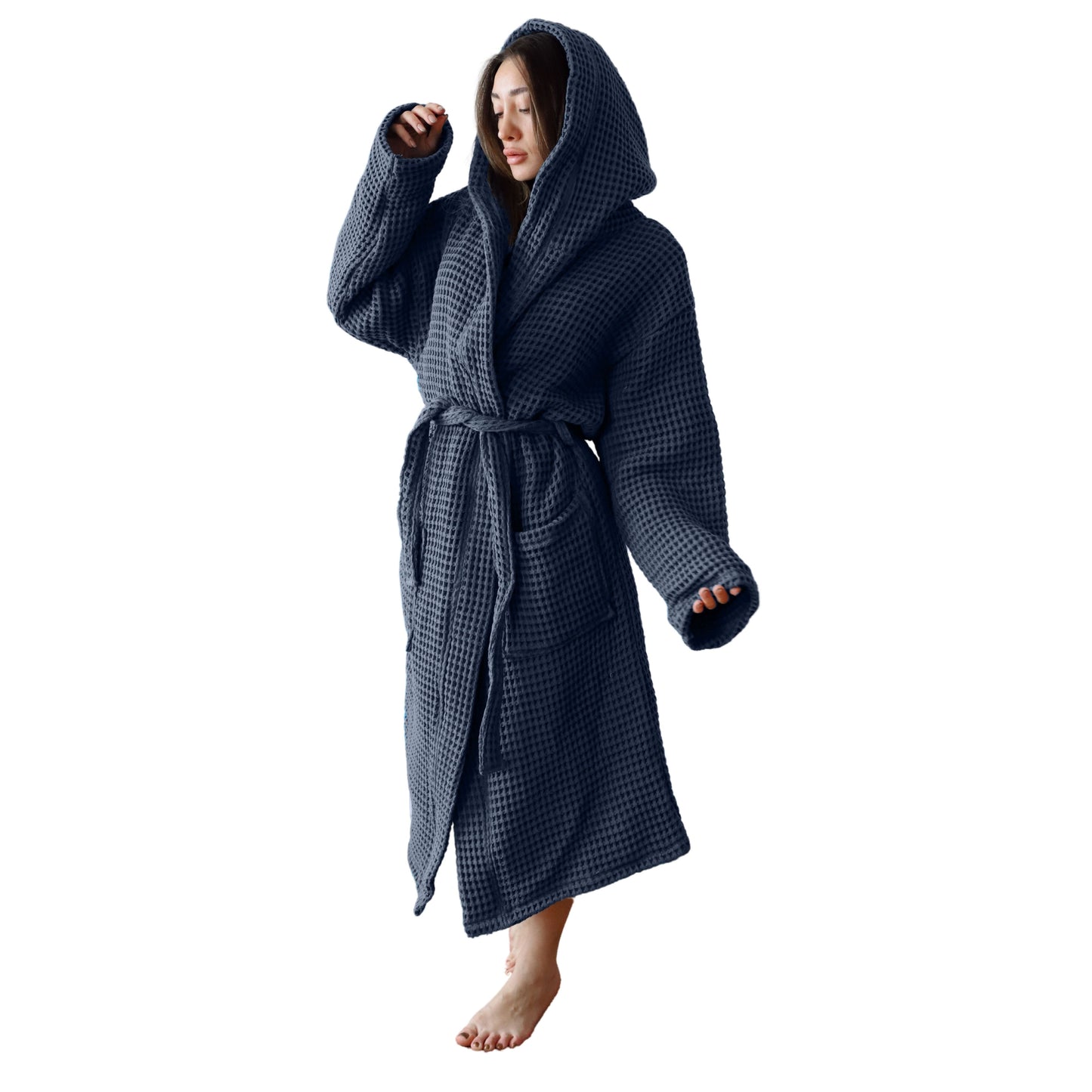 Waffle Robe with Hooded Unisex Anthracite, Honeycomb Weave, 100% Turkish Cotton, Relaxed-Style-2