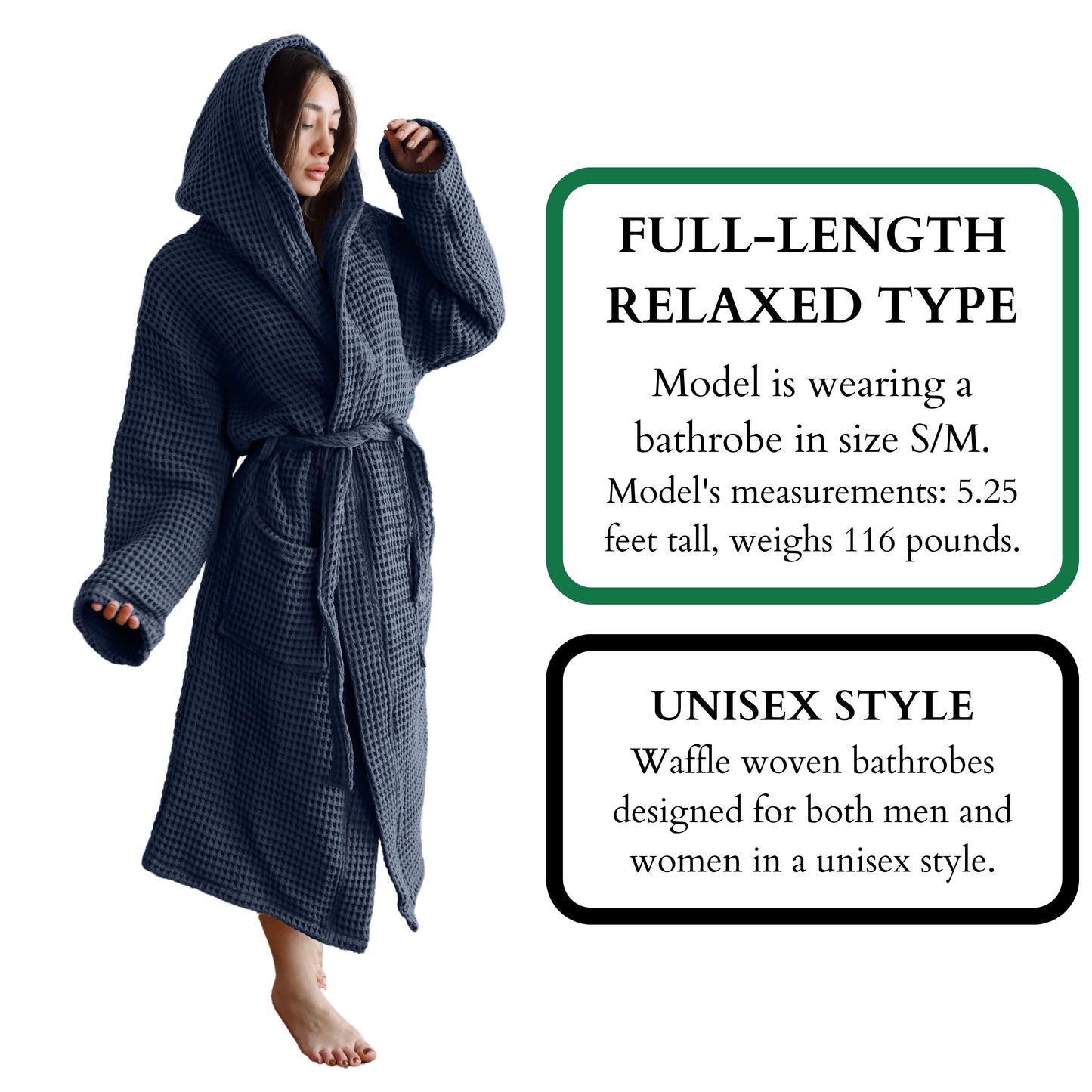 Waffle Robe with Hooded Unisex Anthracite, Honeycomb Weave, 100% Turkish Cotton, Relaxed-Style-5