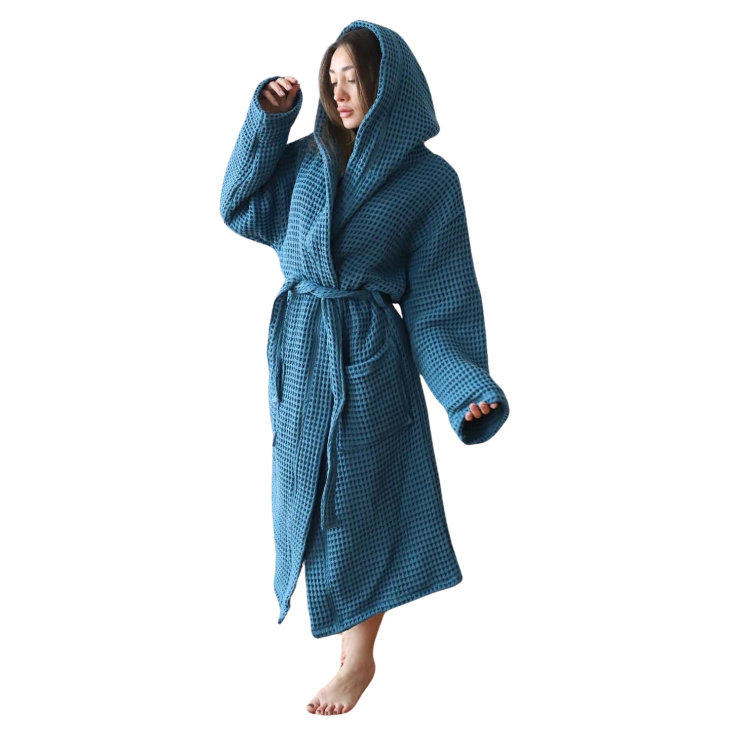Waffle Robe with Hooded Unisex Indigo Blue, Honeycomb Weave, 100% Turkish Cotton, Relaxed-Style-2