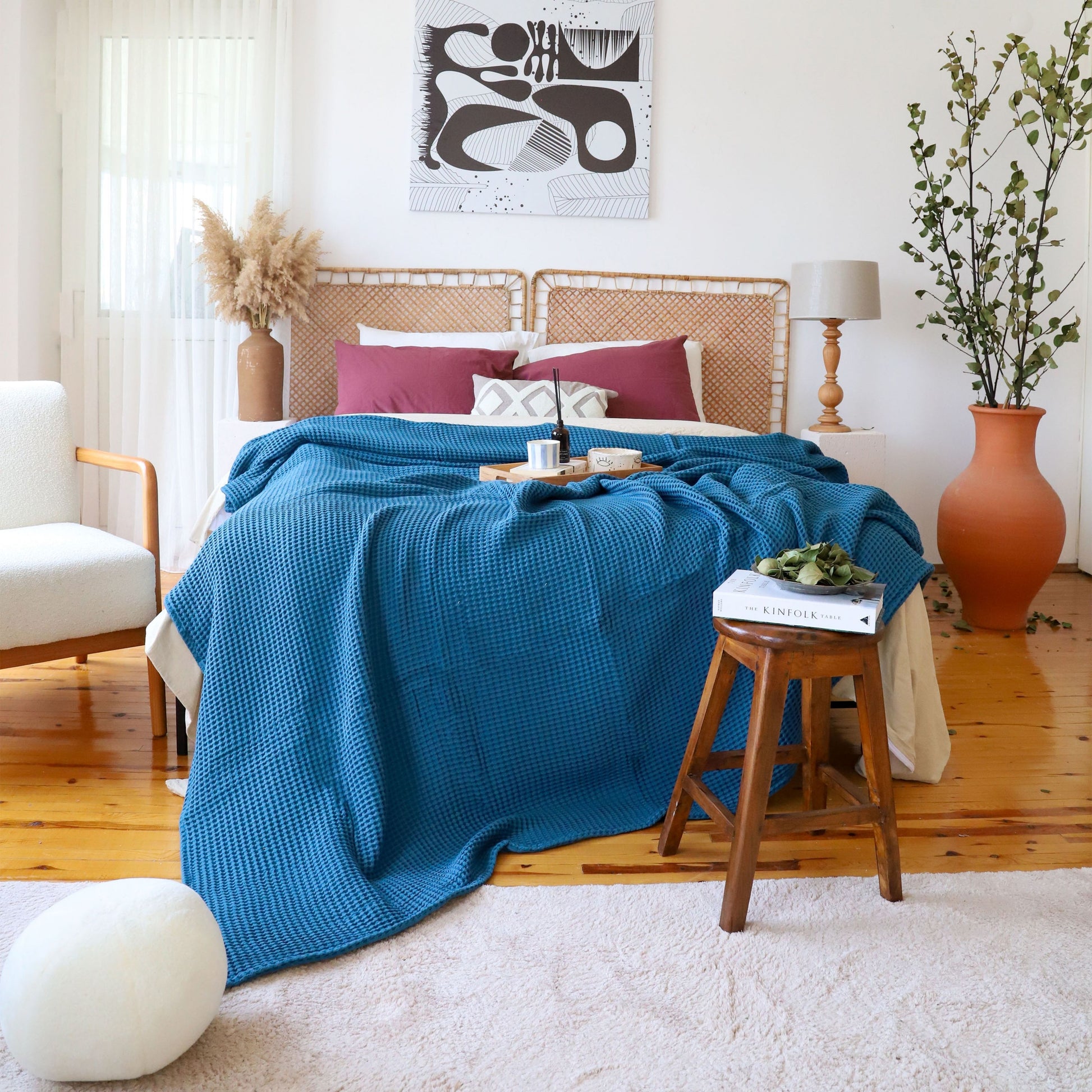 Bulk Waffle Weave Throws, Blankets and Bedspreads Indigo Blue, 100% Turkish Cotton, High-Quality-2