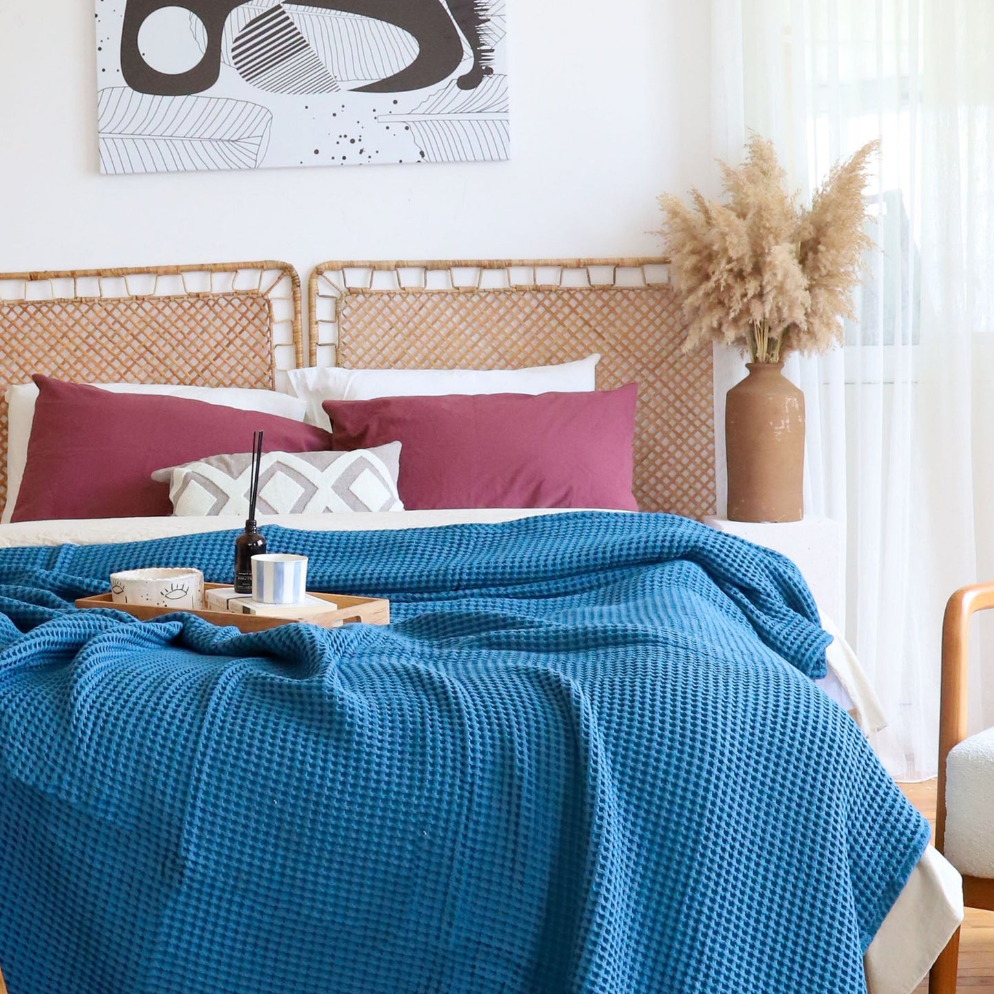 Bulk Waffle Weave Throws, Blankets and Bedspreads Indigo Blue, 100% Turkish Cotton, High-Quality-1