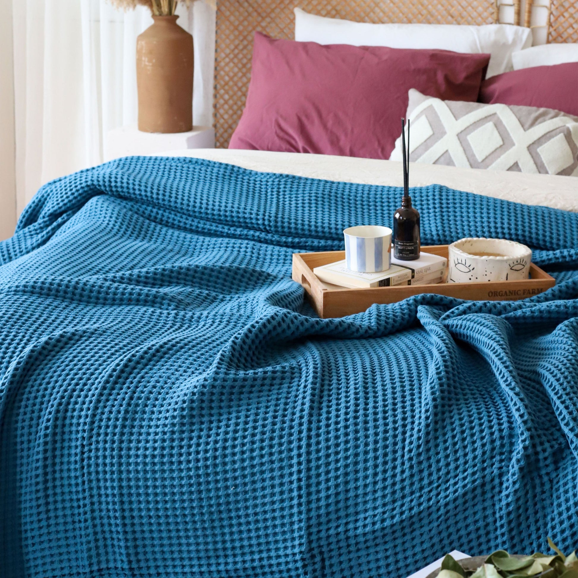 Bulk Waffle Weave Throws, Blankets and Bedspreads Indigo Blue, 100% Turkish Cotton, High-Quality-3
