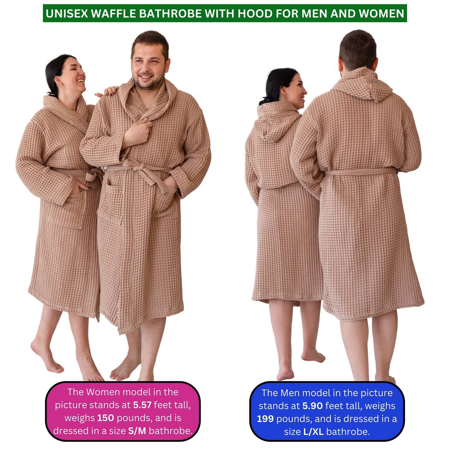 Waffle Robe with Hooded Unisex Brown Bulk Pack of 8 - 6