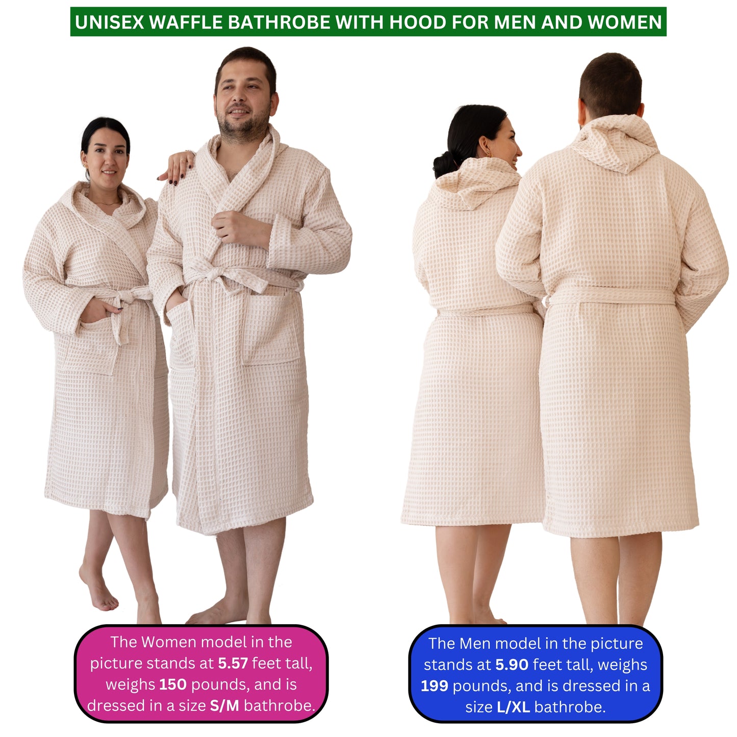 Waffle Robe with Hooded Unisex Natural Bulk Pack of 8 - 6