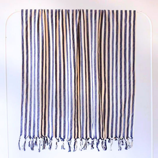 Bulk Turkish Towels Pack of 10 Pieces Navy Blue Striped, Black-Loom Weave