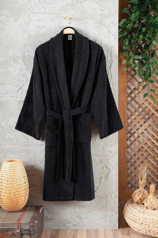 Luxury Terry Cloth Bathrobe Black, Shawl Collar, 100% Turkish Cotton