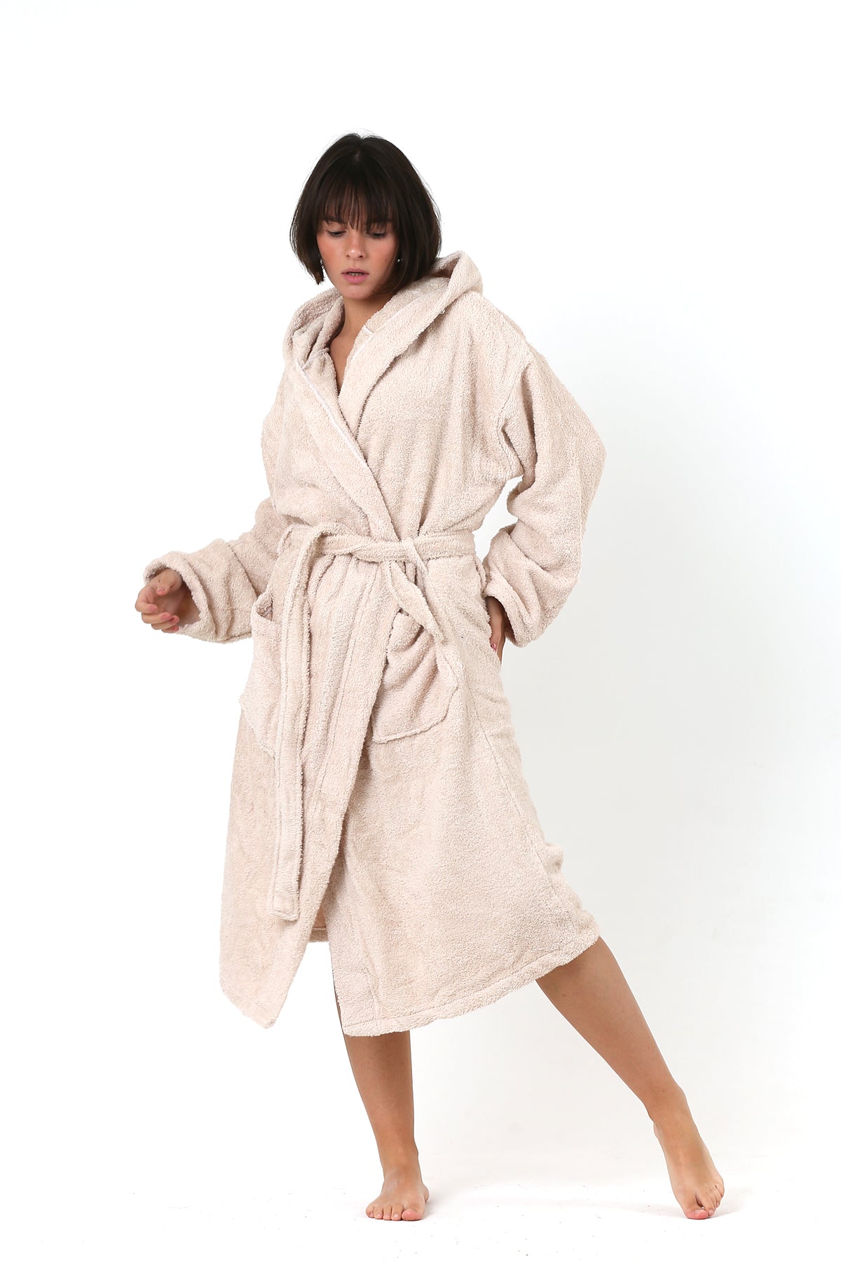 Premium Terry Cloth Bathrobe with Hooded Beige, High-Quality, 100% Turkish Cotton-1