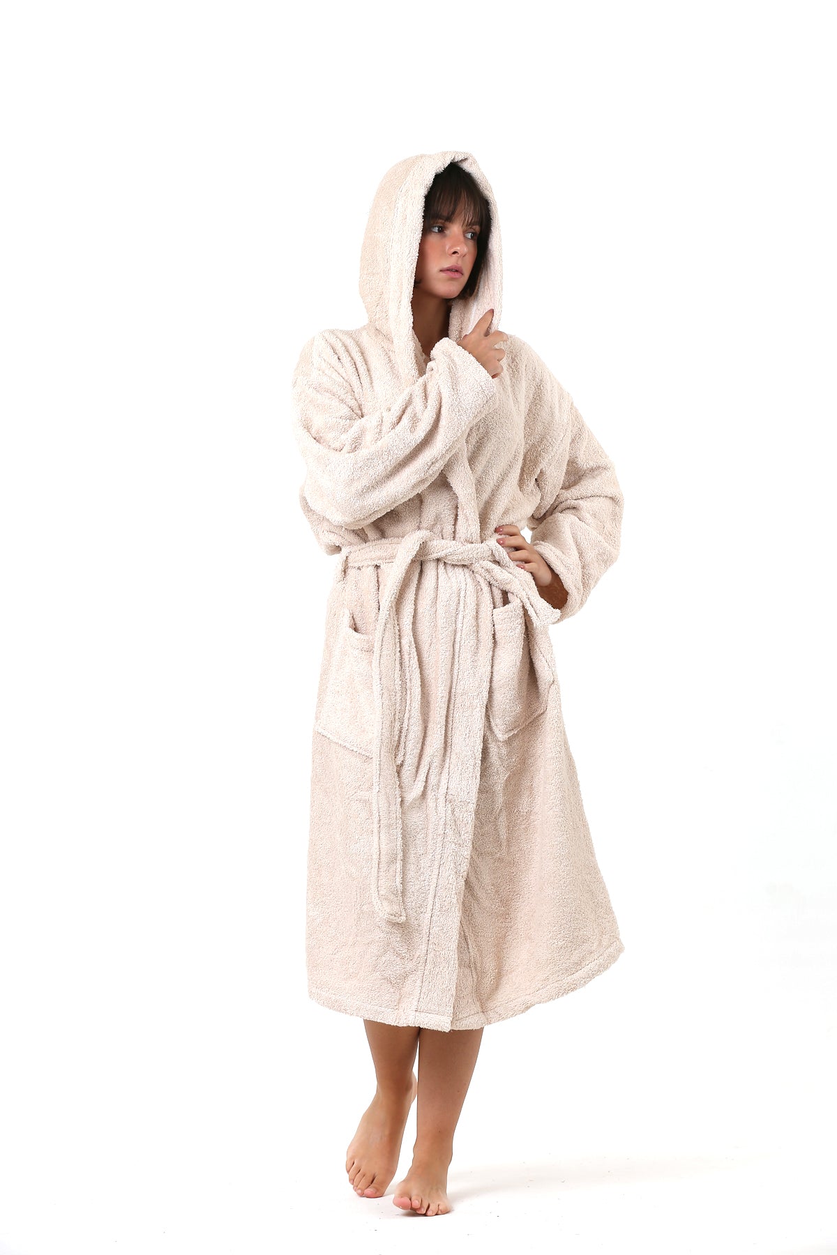 Premium Terry Cloth Bathrobe with Hooded Beige, High-Quality, 100% Turkish Cotton-2