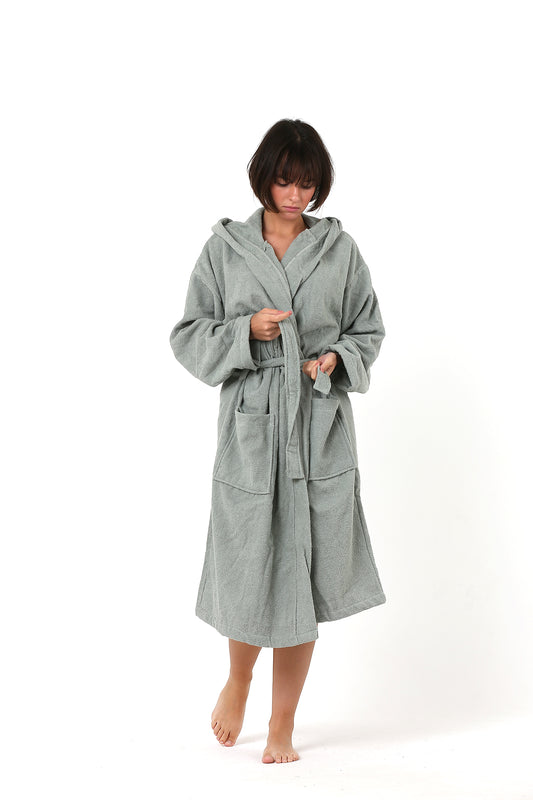 Premium Terry Cloth Bathrobe with Hooded Sage Green, High-Quality, 100% Turkish Cotton-1