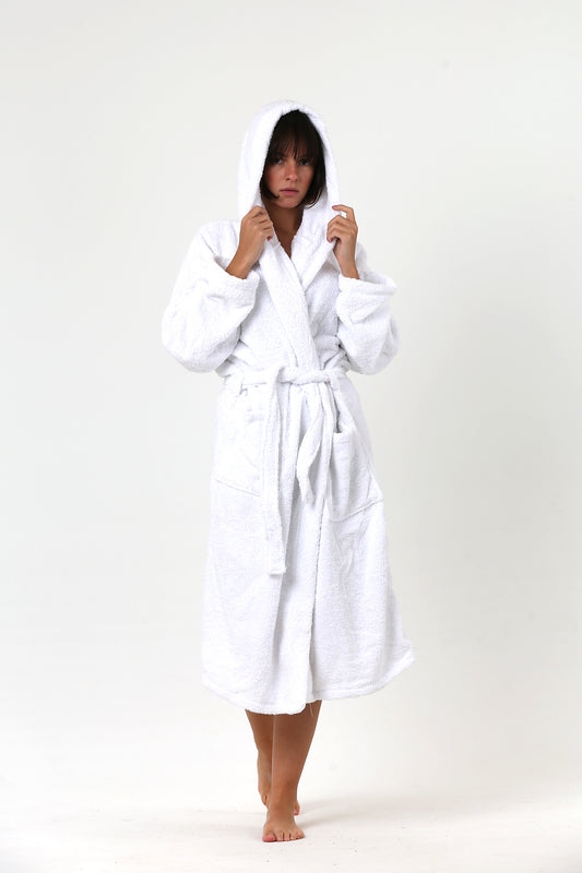 Premium Terry Cloth Bathrobe with Hooded White, High-Quality, 100% Turkish Cotton-1