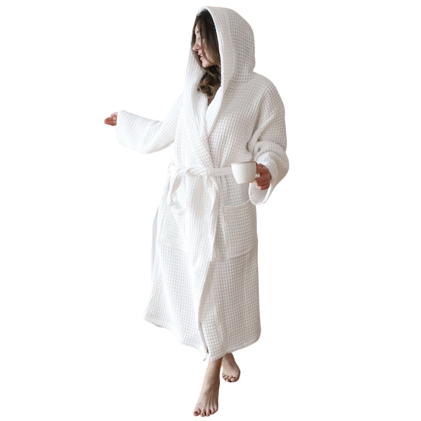 Waffle Robe with Hooded Unisex White, Honeycomb Weave, 100% Turkish Cotton, Relaxed-Style-2