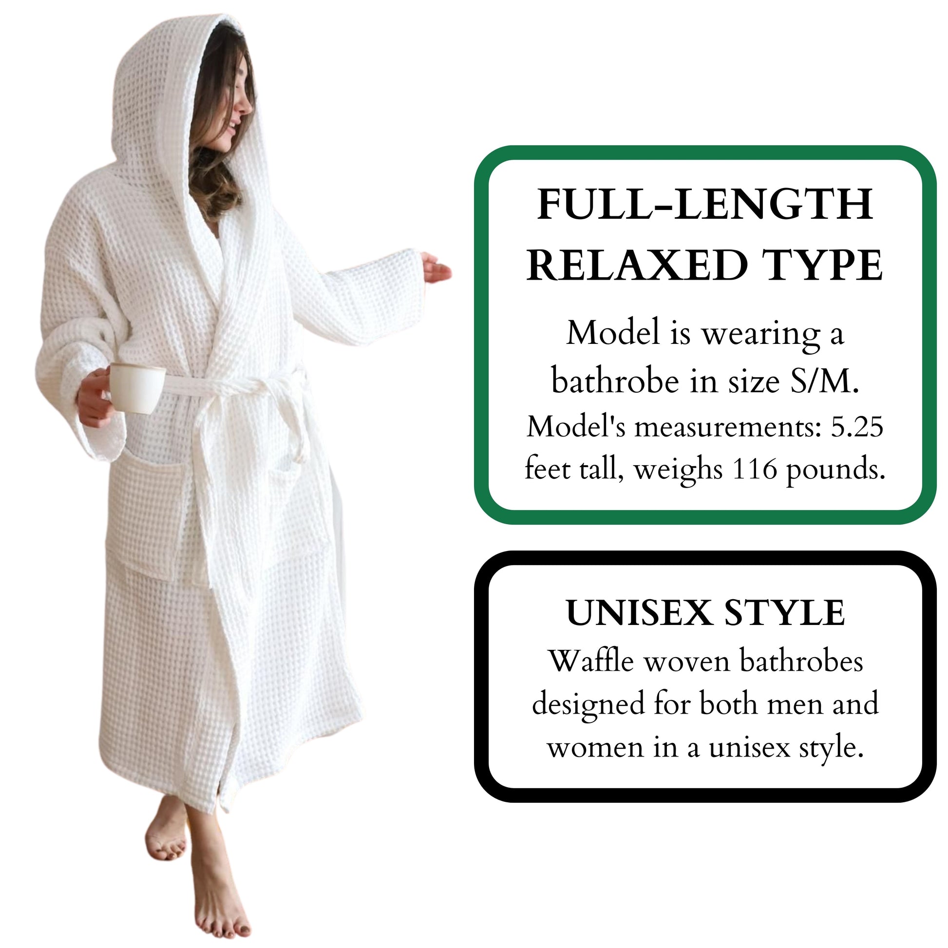 Waffle Robe with Hooded Unisex White, Honeycomb Weave, 100% Turkish Cotton, Relaxed-Style-4