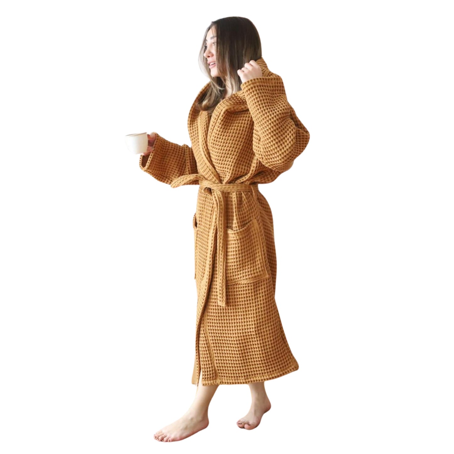 Waffle Robe with Hooded Unisex Caramel, Honeycomb Weave, 100% Turkish Cotton, Relaxed-Style-2