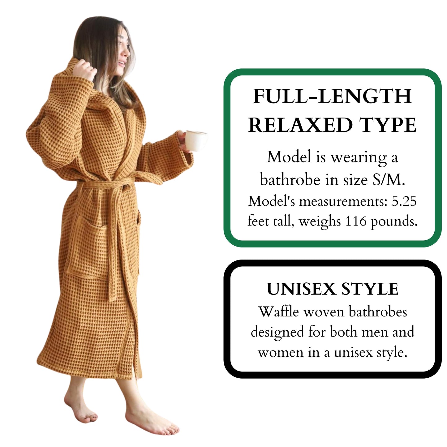 Waffle Robe with Hooded Unisex Caramel, Honeycomb Weave, 100% Turkish Cotton, Relaxed-Style-4