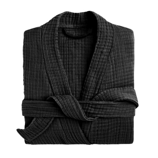 Muslin Robe 4-Layer Kimono Black, 100% Turkish Cotton, Knee-Length, Relaxed-Style-1