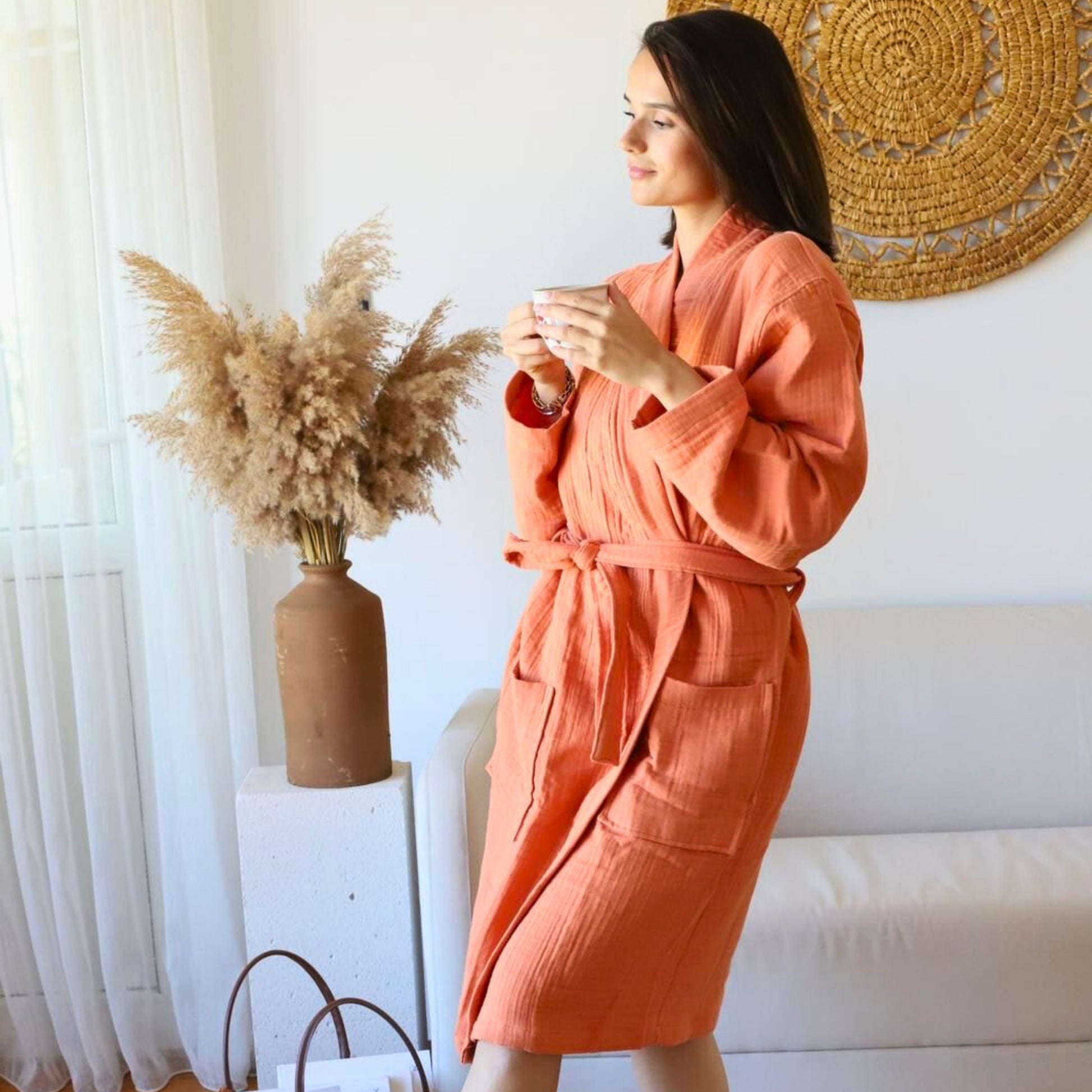 Muslin Robe 4-Layer Kimono Brick Orange, 100% Turkish Cotton, Knee-Length, Relaxed-Style-2