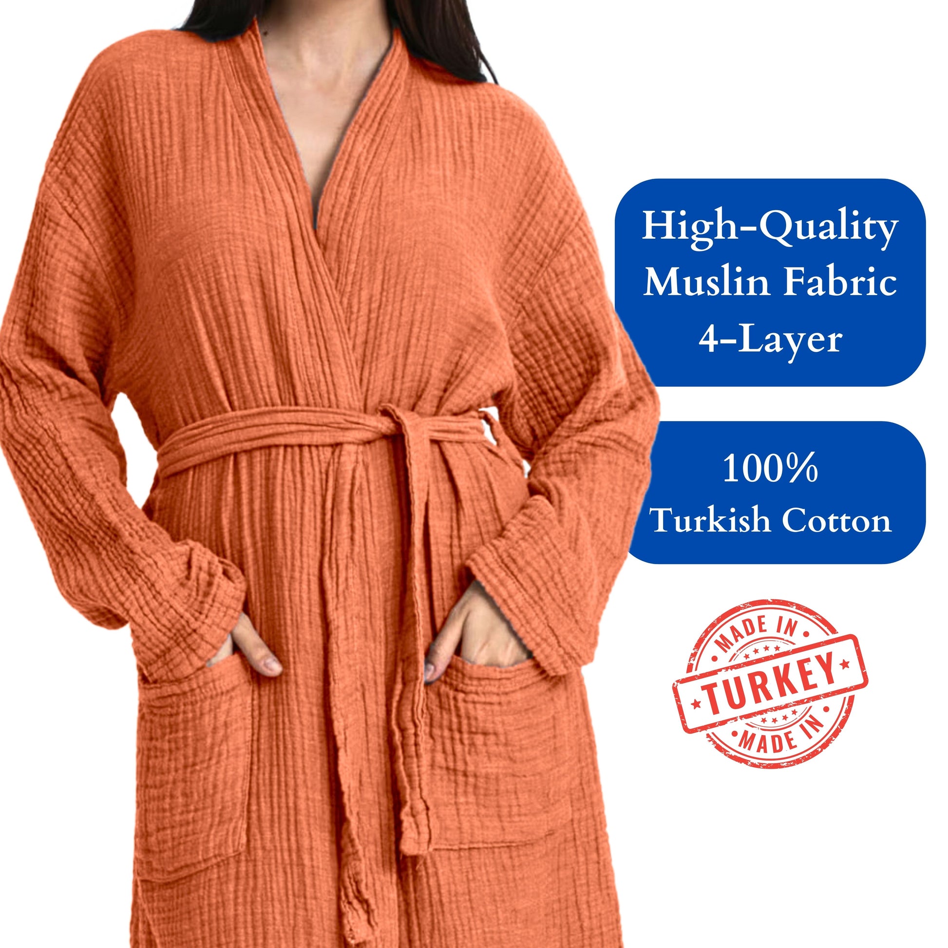 Muslin Robe 4-Layer Kimono Brick Orange, 100% Turkish Cotton, Knee-Length, Relaxed-Style-5