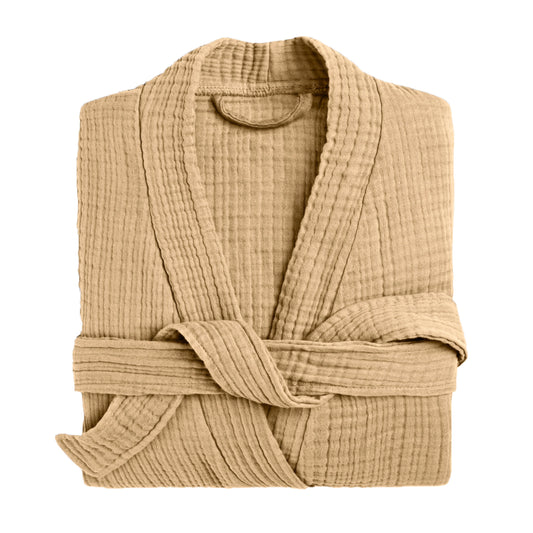 Muslin Robe 4-Layer Kimono Light Brown, 100% Turkish Cotton, Knee-Length, Relaxed-Style-1