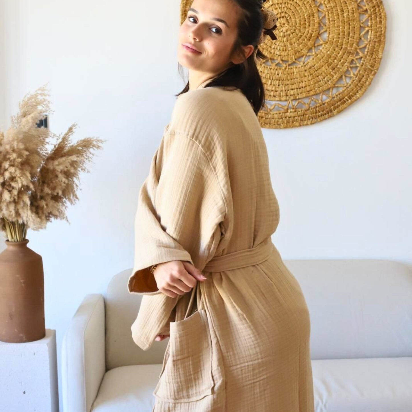 Muslin Robe 4-Layer Kimono Light Brown, 100% Turkish Cotton, Knee-Length, Relaxed-Style-2