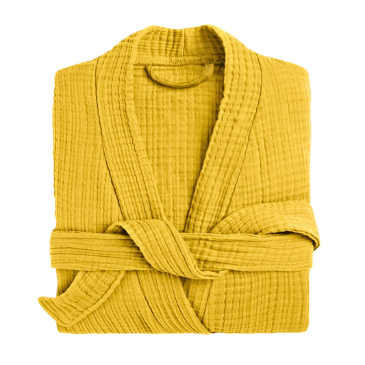 Muslin Robe 4-Layer Kimono Mustard Yellow, 100% Turkish Cotton, Knee-Length, Relaxed-Style-1
