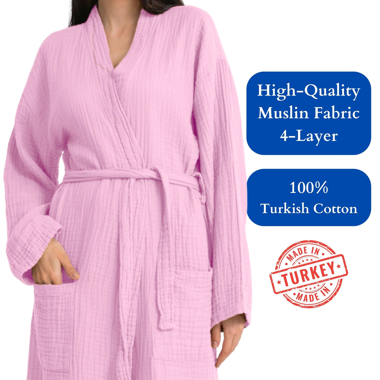 Muslin Robe 4-Layer Kimono Pink, 100% Turkish Cotton, Knee-Length, Relaxed-Style-5