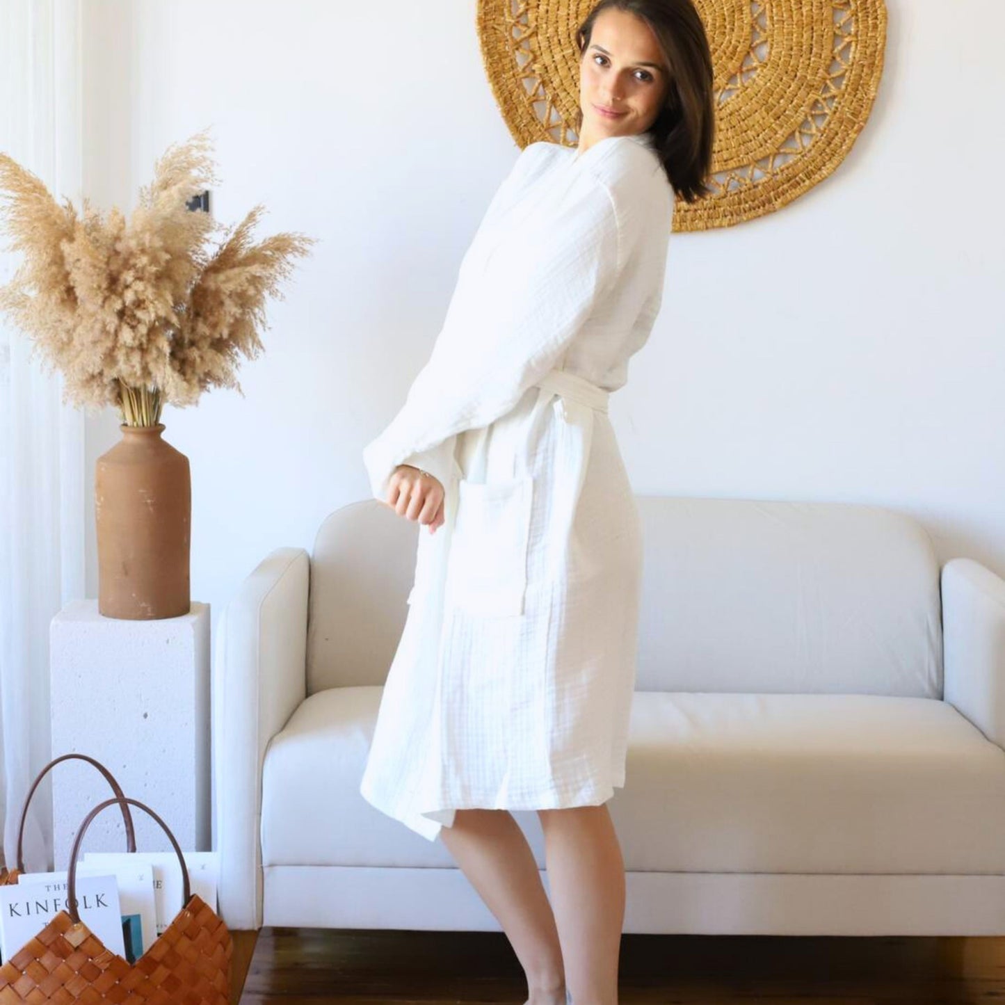 Muslin Robe 4-Layer Kimono White, 100% Turkish Cotton, Knee-Length, Relaxed-Style-2