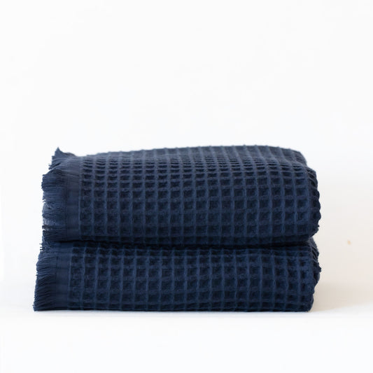 Pack of 10 Bulk Waffle Weave Bath Towels, Short Fringed, 100% Turkish Cotton, Dark Blue Anthracite