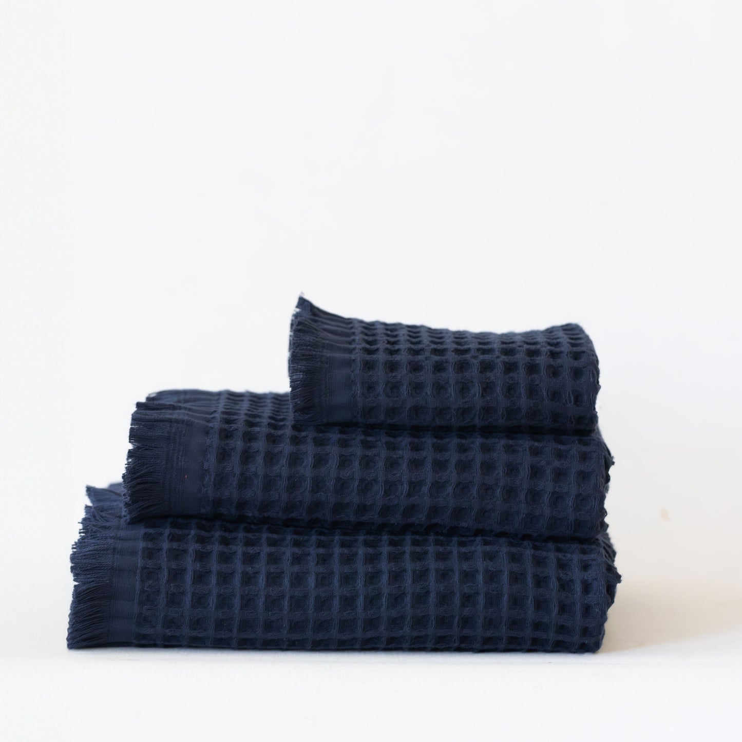 Pack of 10 Bulk Waffle Weave Hand Towels, Short Fringed, 100% Turkish Cotton, Dark Blue Anthracite-2