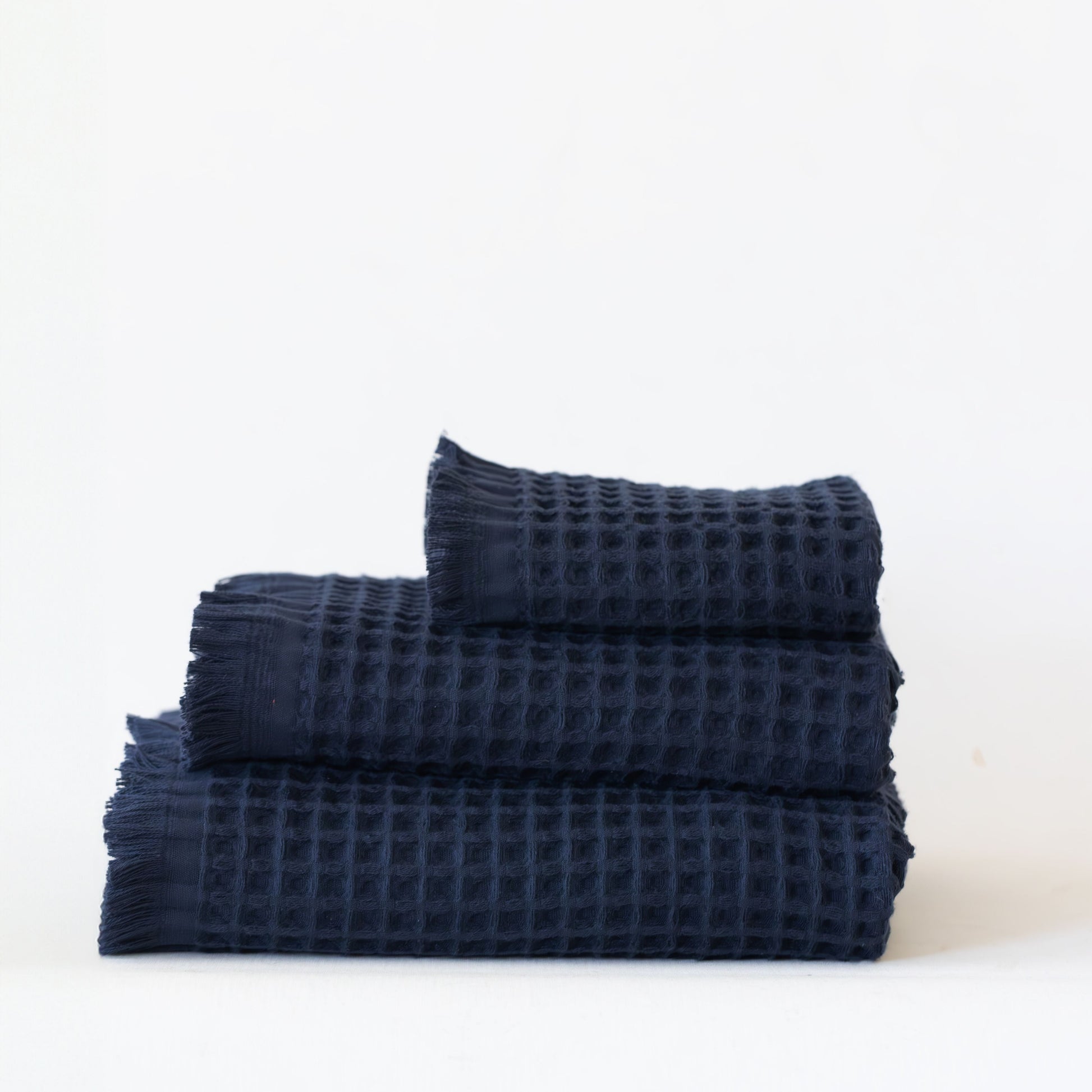 Pack of 10 Bulk Waffle Weave Bath Towels, Short Fringed, 100% Turkish Cotton, Dark Blue Anthracite-2