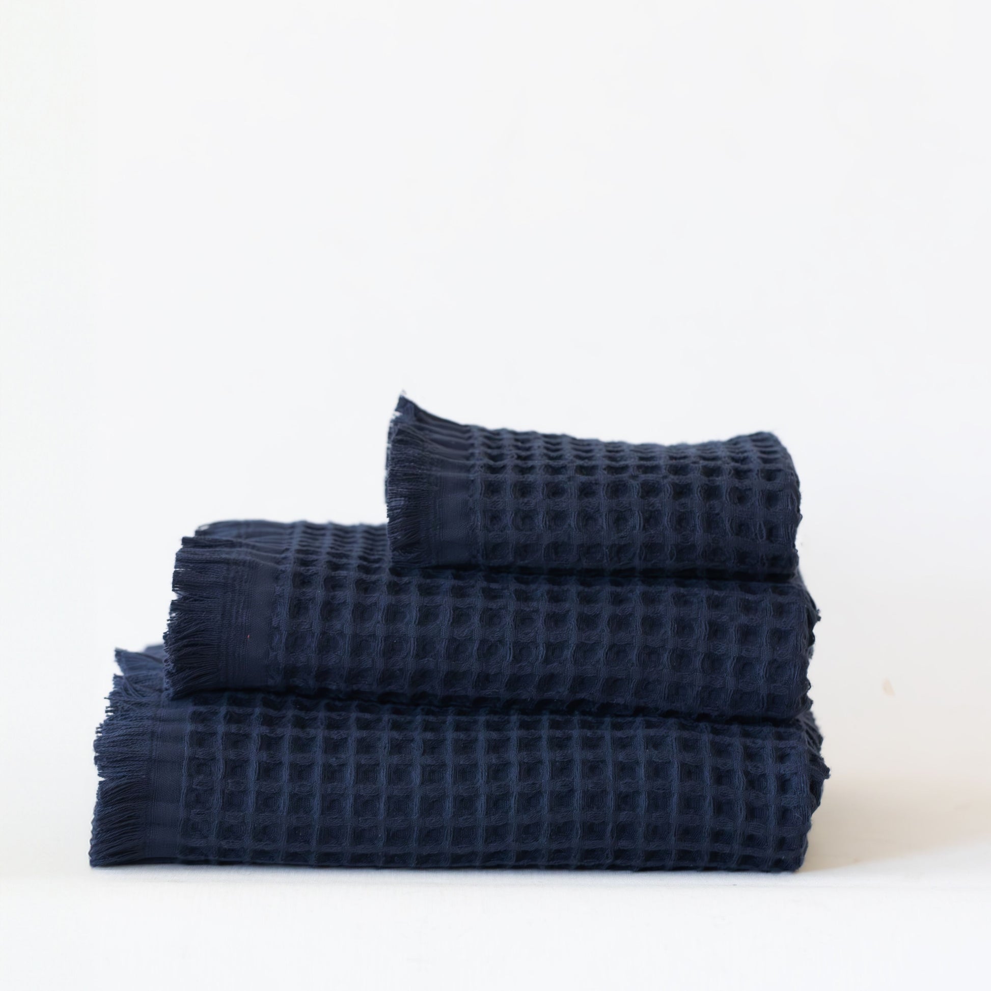 Pack of 25 Bulk Waffle Weave Washcloth Towels, Short Fringed, 100% Turkish Cotton, Dark Blue Anthracite-3