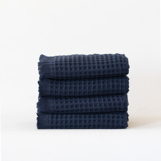 Pack of 10 Bulk Waffle Weave Hand Towels, Short Fringed, 100% Turkish Cotton, Dark Blue Anthracite, 3