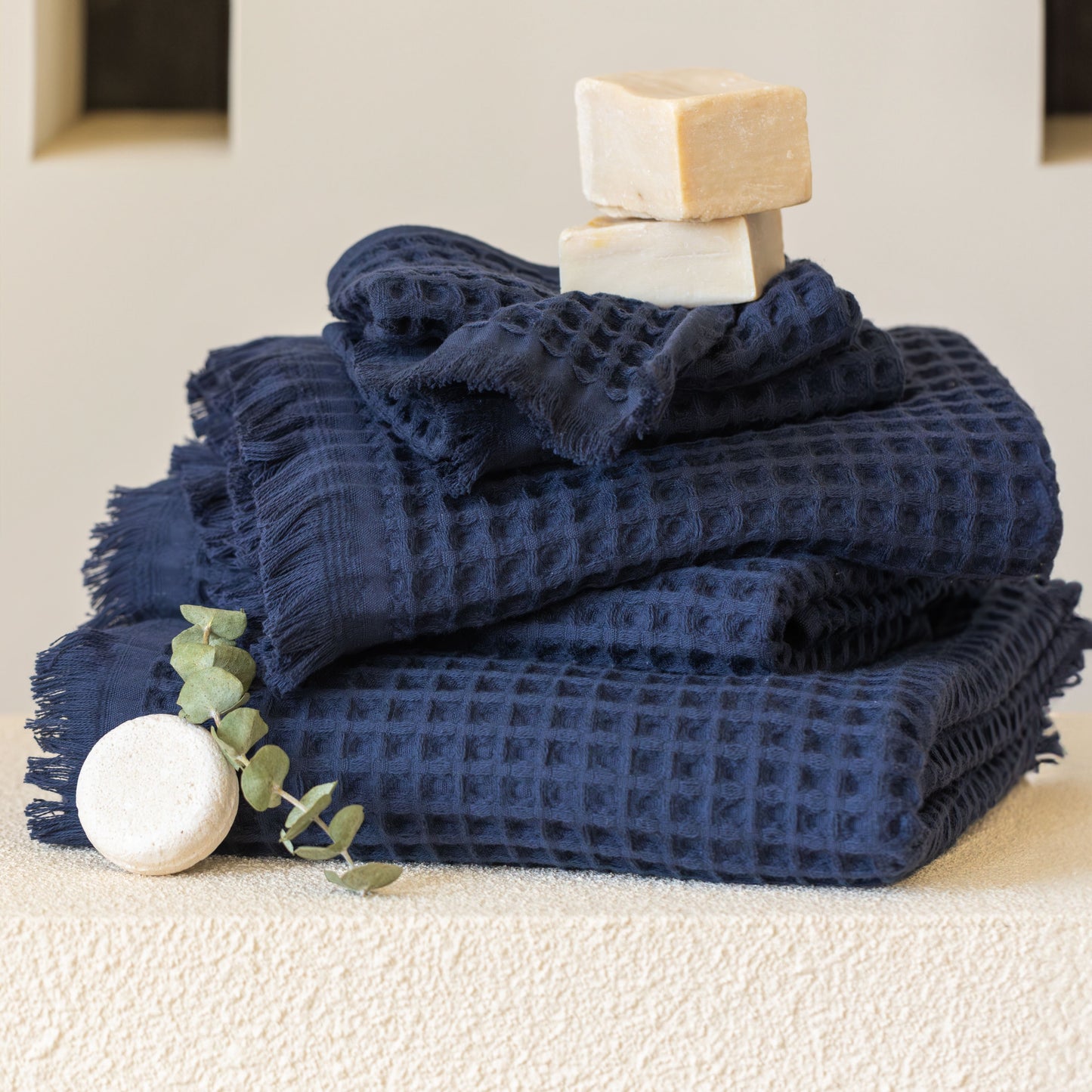 Pack of 10 Bulk Waffle Weave Hand Towels, Short Fringed, 100% Turkish Cotton, Dark Blue Anthracite, 6