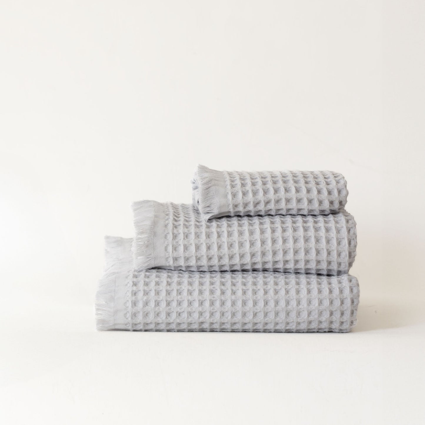 Pack of 5 Bulk Waffle Weave Bath Towels, Short Fringed, 100% Turkish Cotton, Gray