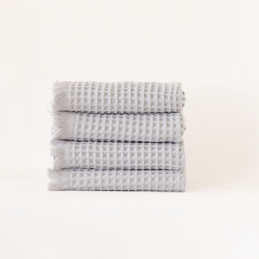Pack of 10 Bulk Waffle Weave Hand Towels, Short Fringed, 100% Turkish Cotton, Gray