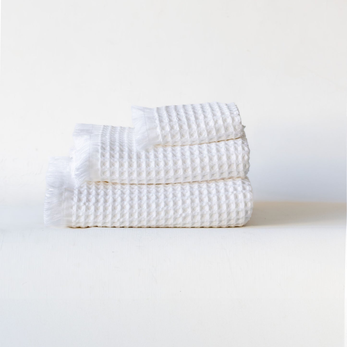 Pack of 25 Bulk Waffle Weave Washcloth Towels, Short Fringed, 100% Turkish Cotton, White-2