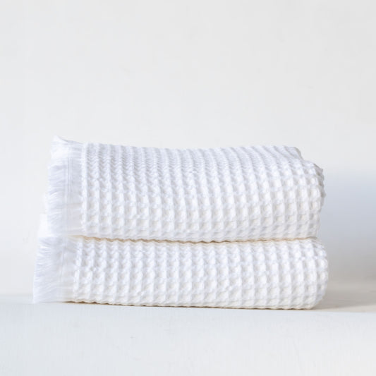 Pack of 5 Bulk Waffle Weave Bath Towels, Short Fringed, 100% Turkish Cotton, White