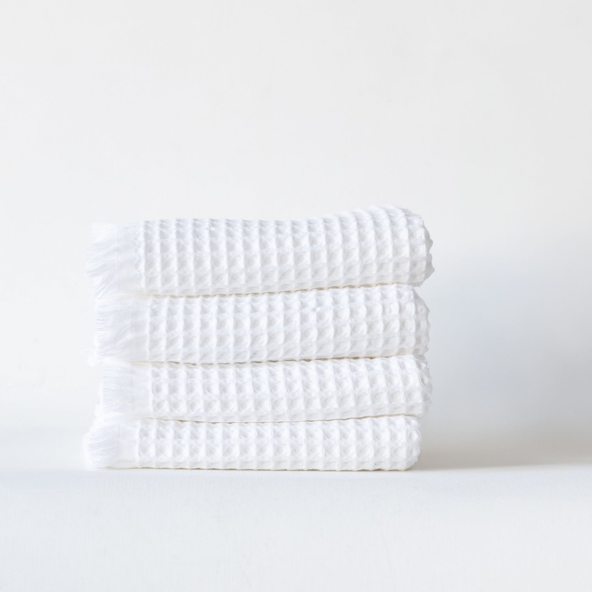 Pack of 10 Bulk Waffle Weave Hand Towels, Short Fringed, 100% Turkish Cotton, White