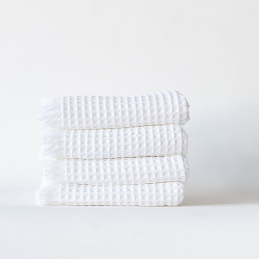 Pack of 10 Bulk Waffle Weave Hand Towels, Short Fringed, 100% Turkish Cotton, White