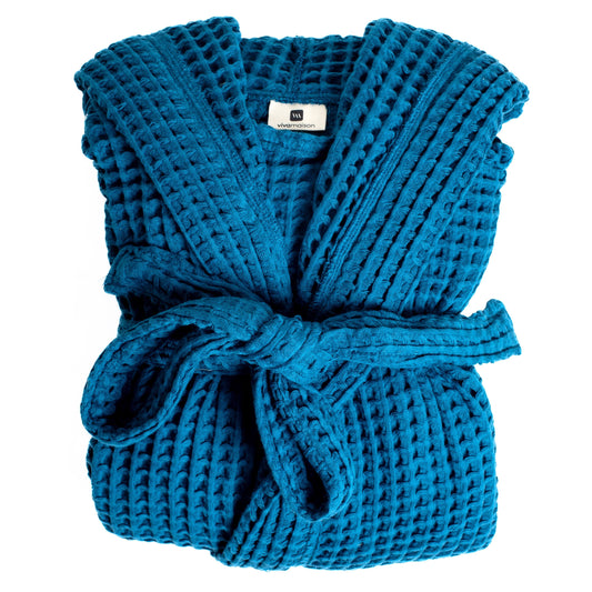 Waffle Robe with Hooded Unisex Indigo Blue, Honeycomb Weave, 100% Turkish Cotton, Relaxed-Style-1