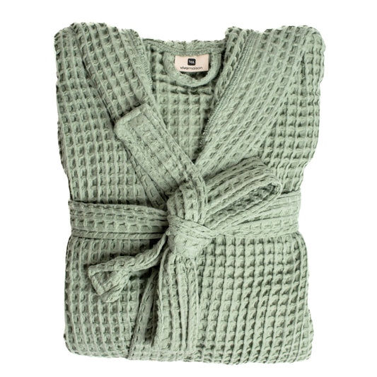 Waffle Robe with Hooded Unisex Sage Green, Honeycomb Weave, 100% Turkish Cotton, Relaxed-Style-1