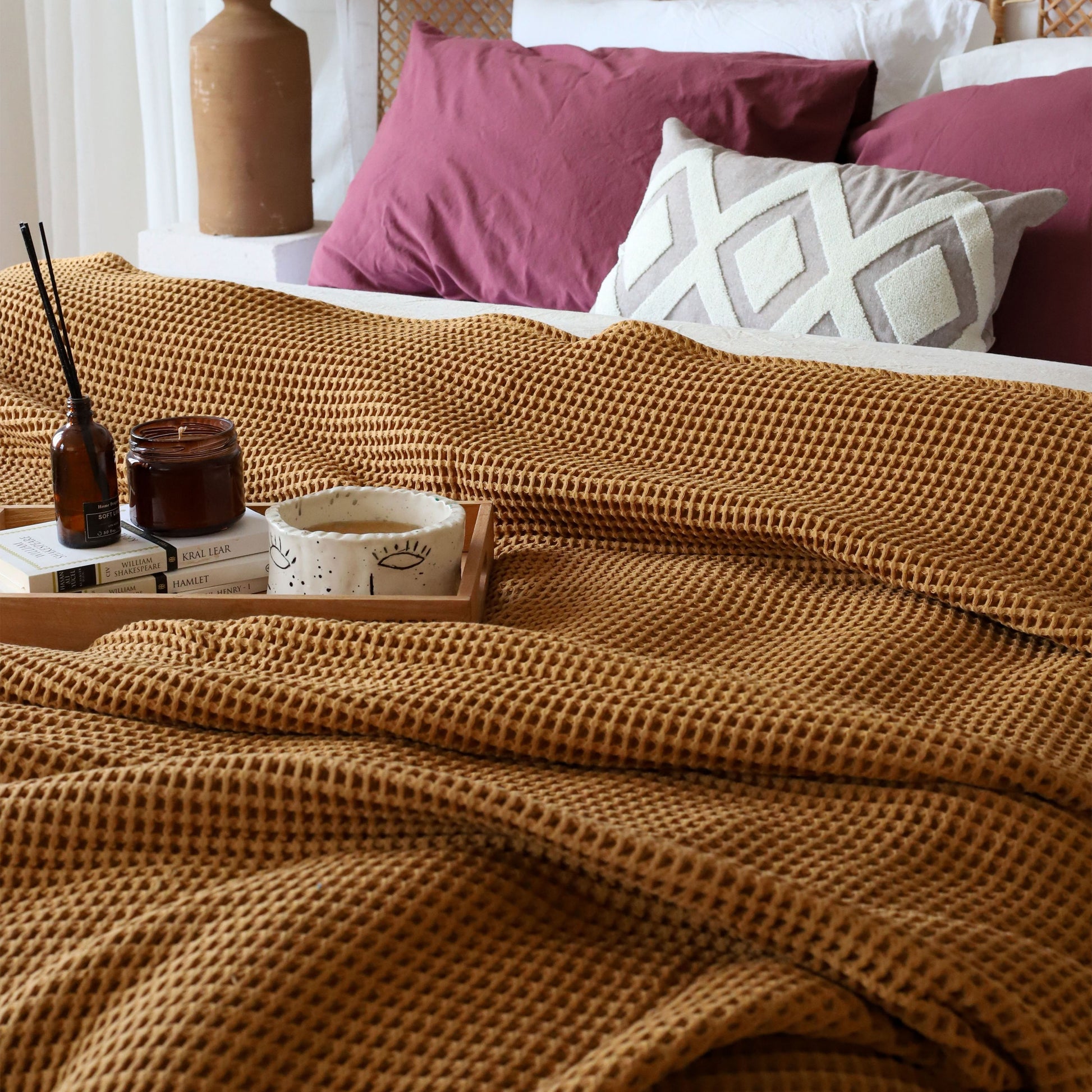 Bulk Waffle Weave Throws, Blankets and Bedspreads Caramel, 100% Turkish Cotton, High-Quality-3